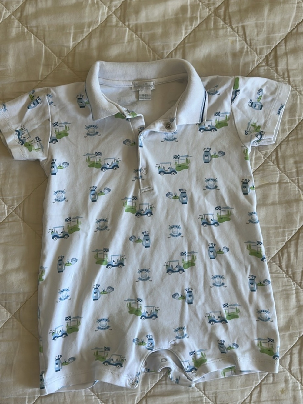Kissy Kissy White Polo Romper with Blue & Green Car Print